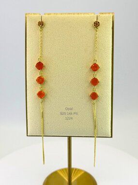 Natural Orange Opal Threader Dangle Earrings 925 Sterling Silver 14K Gold Plated
